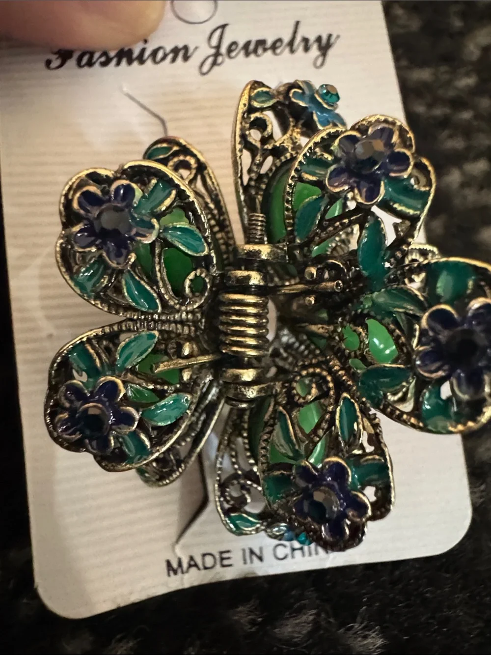 Vintage-Boho Green and Blue Rhinestone Butterfly Hair Clip NEW 🏷️
